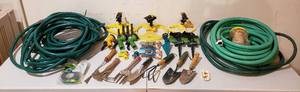 lot 4219 image: Lot of Outdoor Hoses, Sprinklers, Sprayers, Gardening Hand Tools, and other Items