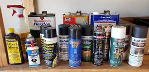 lot 4224 image: Lot of Spray Paint, Rubber Coating, Sealer, Stripper, Acetone, and Oils - most are over 12 full