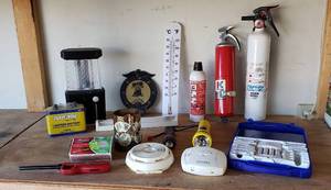 lot 4226 image: Lot of Home Items - Fire Extinguishers, Thermometers, Flashlights, Battery Charger, Matches and other Items