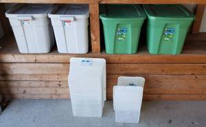 lot 4228 image: Lot of 7 Totes - Two 18 gal. Green, two Rubbermaid 18 gal. Cream, Tamor Clear Container and 2 Clear 12 Qt.