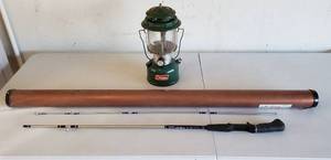lot 4230 image: Coleman Lantern Model 220F(Broke Glass Globe), Shakespeare Alpha Fishing Pole, and Rod Caddy