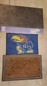 lot 4242 image: Lot of 3 Floor Mats - KC Royals, Jayhawk (29 in. x 18 in.) and Old Welcome Door Mat