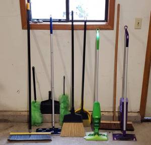 lot 4246 image: Lot of Cleaning Tools - Brooms, Swifters, Dusters and Brushes
