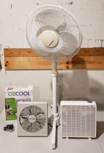 lot 4249 image: Lot of 3 Fans - Windmere Floor Fan, Aries Table Fan and O2 Cool BatteryElectric 8 in. Portable Fan - All works