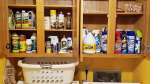 lot 4253 image: Lot of Household Cleaning Products includes Laundry Basket - most are over half full