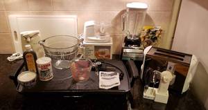 lot 4269 image: Lot of Kitchen Items - Electric Griddle, Measuring Cups, Can Opener, Food Processor, Blender, Toaster and Mixer - All items work