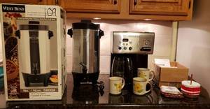 lot 4271 image: Lot of 2 Coffee Makers - West Bend 12-42 Cup Party Perk and Cuisinart with a box of Charcoal Filters - Coffee Cups & Coasters included - both work