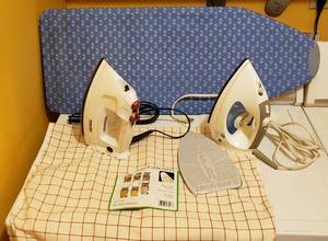 lot 4285 image: Lot of 2 Irons (GE & Proctor Silex - both work), Mini Ironing Board, Ironing Board Cover and Teflon Iron Safe Attachment