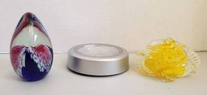 lot 4294 image: Lot of Two Signed Glass Paperweights and Battery Powered Color Light - Yellow One signed Grant C.... & Blue, White, and Mauve signed GES 94