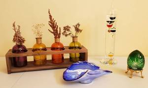 lot 4297 image: Lot of Glass Decor - 4 bottle set, Glass Temp. Gauge, Glass Egg and Blue Dish