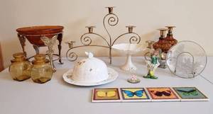 lot 4298 image: Lot of Home Decor with Butterfly Accents - 2 pieces of Lenox (covered dish & pedestal dish), Metal Candleholders and Other Items