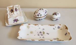 lot 4299 image: Lot of Violet Flower Dishes and Decor - Primitive ButterCheese Dish , Haviland & Co. Limoges France Dish and 2 Eggs