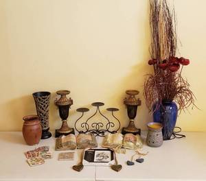 lot 4300 image: Lot of Home Decor - Candle Holders, Large Vase with Dried Decor, Vases, Scentsy Warmer and other Decor