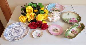 lot 4301 image: Lot of Floral Decor - Hand Painted Rose Dishes, Tea Pot, Alphabet Dish, Faux Roses and Other Floral Dishes