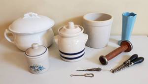 lot 4304 image: Lot of Vintage Crock Items (Robinson Ransbottom Canister), Charles Meakin Hanley England Chamber Pot, Lt. Blue Frankoma Vase, and Sewing ItemsButton Hooks