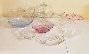 lot 4305 image: Lot of Glass Decor Dishes - Pedestal Cake Holder, Pedestal Dishes, Footed Bowls, Large SugarCreamer and Other Serving Dishes
