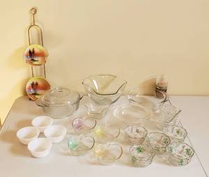 lot 4307 image: Lot of Kitchen Glass Serving Dishes - ChipDip Set, Covered Libbey & Pyrex Dishes, Small serving Bowls, Japanese Colorful Bowls on Rack and SugarCreamer Set