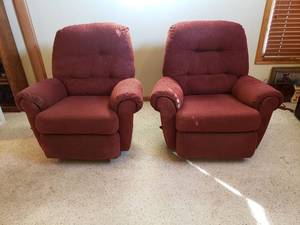 lot 4326 image: (2) Burgundy Lane Rocker Recliners...these chairs have had a dog on them previously