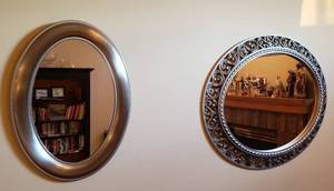 lot 4328 image: Lot of 2 Mirrors - Large one with Scroll type Frame 34 in. x 28 in and Smaller Plain Frame 24 in. x 17 in.