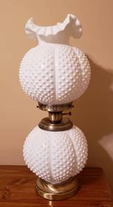 lot 4330 image: Fenton Double Globe Hobnail Lamp - Works - 22 in. tall and 9 in. wide