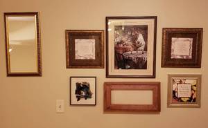lot 4342 image: Lot of 7 Framed Wall Decor - Prints , Mirror and Wood Frame