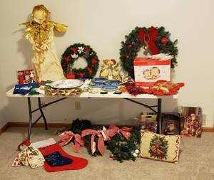 lot 4364 image: Lot of Christmas Decorations - No. 2 Christmas 20 pc. Porcelian Dinnerware Set, Blue Christmas Plates, Holiday Linens, Angel Figurines, Wreaths, Garland and Other Items - Table NOT Included