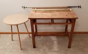 lot 4366 image: Wood Desk (No drawers) - 34 in. x 22 in. x 30 in. Round Wood Table with Glass - 20 on. Diameter and 25 in. tall 6 Curtain Rods