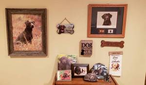 lot 4368 image: Lot of Dog Decor - Framed Prints, Slogan Wall Decor, Plate, Towel, Pewter Figurine, and Other Items