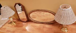 lot 4373 image: Gold Framed Oval Mirror (36 in. x 20 in.) Octogan Wood Framed Mirror (29 in. x 14 in.) and 2 Brass Table Lamps - work