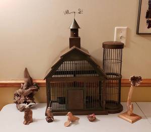lot 4377 image: Lot of Barn Bird Cage and Wood Carved Birds