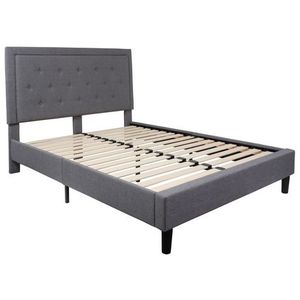 lot 6341 image: Roxbury Tufted Upholstered Queen Size Platform Bed in Light Gray Fabric