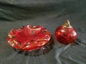 lot 7534 image: Red Glass Dish and Vintage Lighter
