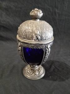 lot 7536 image: Metal  Blue Glass Compote