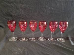lot 7545 image: Set of 6 Red Etched Wine Glasses