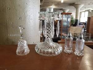 lot 7550 image: Cut Glass Bell, Glass Candle Holder w Prisms & Candlewick S&P Set