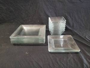lot 7576 image: Square Clear Glass Plates and Bowls Set