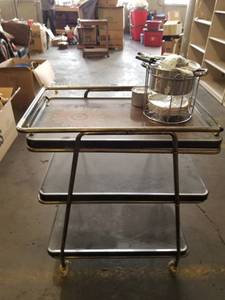 lot 7579 image: Rolling Metal Serving Cart w Buffet Pot