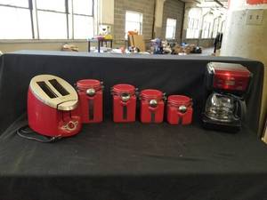 lot 7605 image: Red Canisters, Toaster & Coffee Maker Set