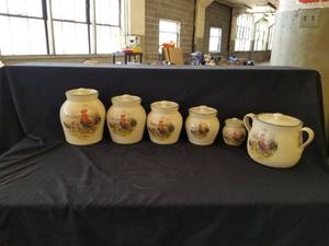 lot 7612 image: Rooster Hand Made Pottery Canister Set & Bean Pot