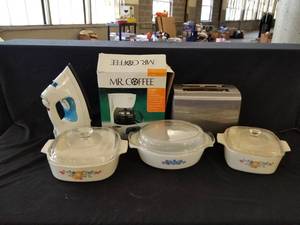 lot 7614 image: Three Corning Ware Casserole Dishes w Lids, Iron, Toaster & Coffee Pot