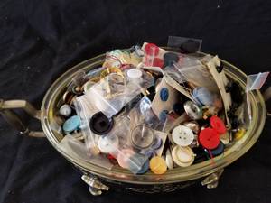 lot 7621 image: Glass & Metal Casserole Dish full of Buttons