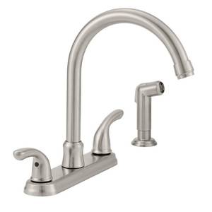 lot 5365 image: Builders 2-Handle Standard Kitchen Faucet with Sprayer in Stainless Steel