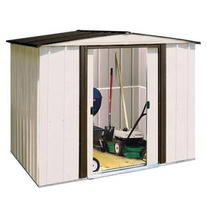 lot 5383 image: Newport 8 ft. W x 6 ft. D 2-Tone Eggshell and Coffee Galvanized Metal Shed with Galvanized Steel Floor Frame Kit