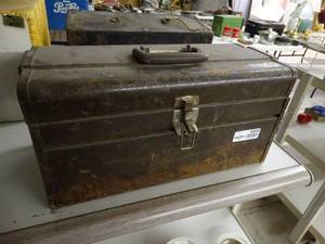 lot 4504 image: Vintage Handi-Craft toolbox w copper & other plumbing supplies