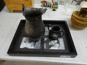 lot 4563 image: Frame tray silver plate pitcher & creamer