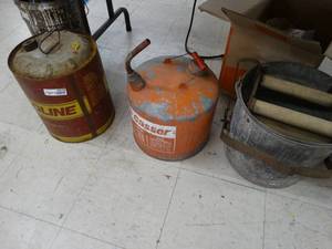 lot 4570 image: 2 old metal gas cans & metal mop bucket