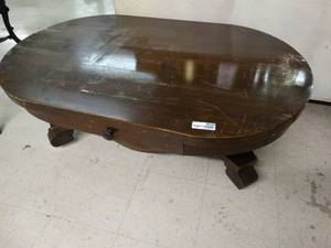 lot 4630 image: AWESOME Vintage Wood oval coffee table w drawer