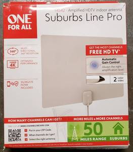 lot 220 image: One For All HDTV Antenna - Amplified Indoor Ultra Thin TV Antenna - 50 mile range -10 Feet Coaxial Cable - whiteblack