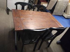 lot 2514 image: Wood Top with Metal Base Dining Table with 4 Black Chairs