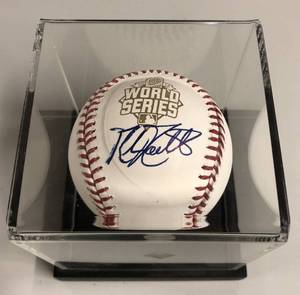 lot 1038 image: Signed Mike Moustakas Official 2015 World Series Baseball w Gold Lettering & Great Display Case & James Spence Authentication
